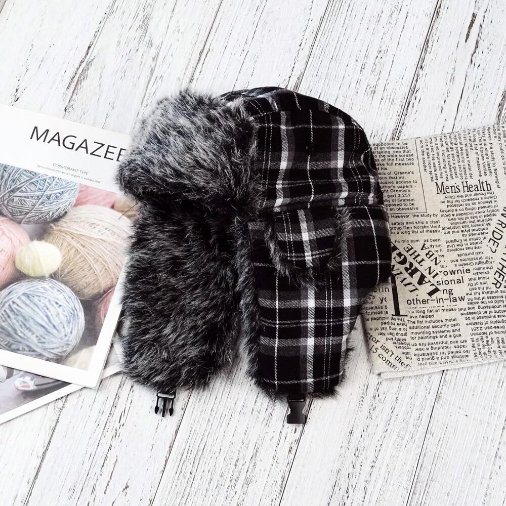 Men Black Plaid ONWAY Faux Fur Trapper Hat Cozy Winter Ear Flaps Hat - Picture 2 of 6